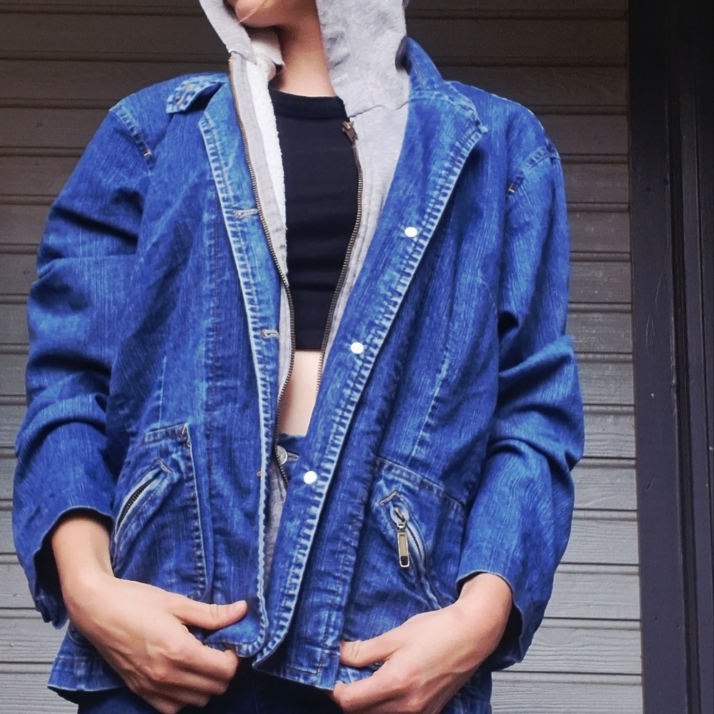 Erika Classic Blue Jean Jacket Double Zip Up with Hood